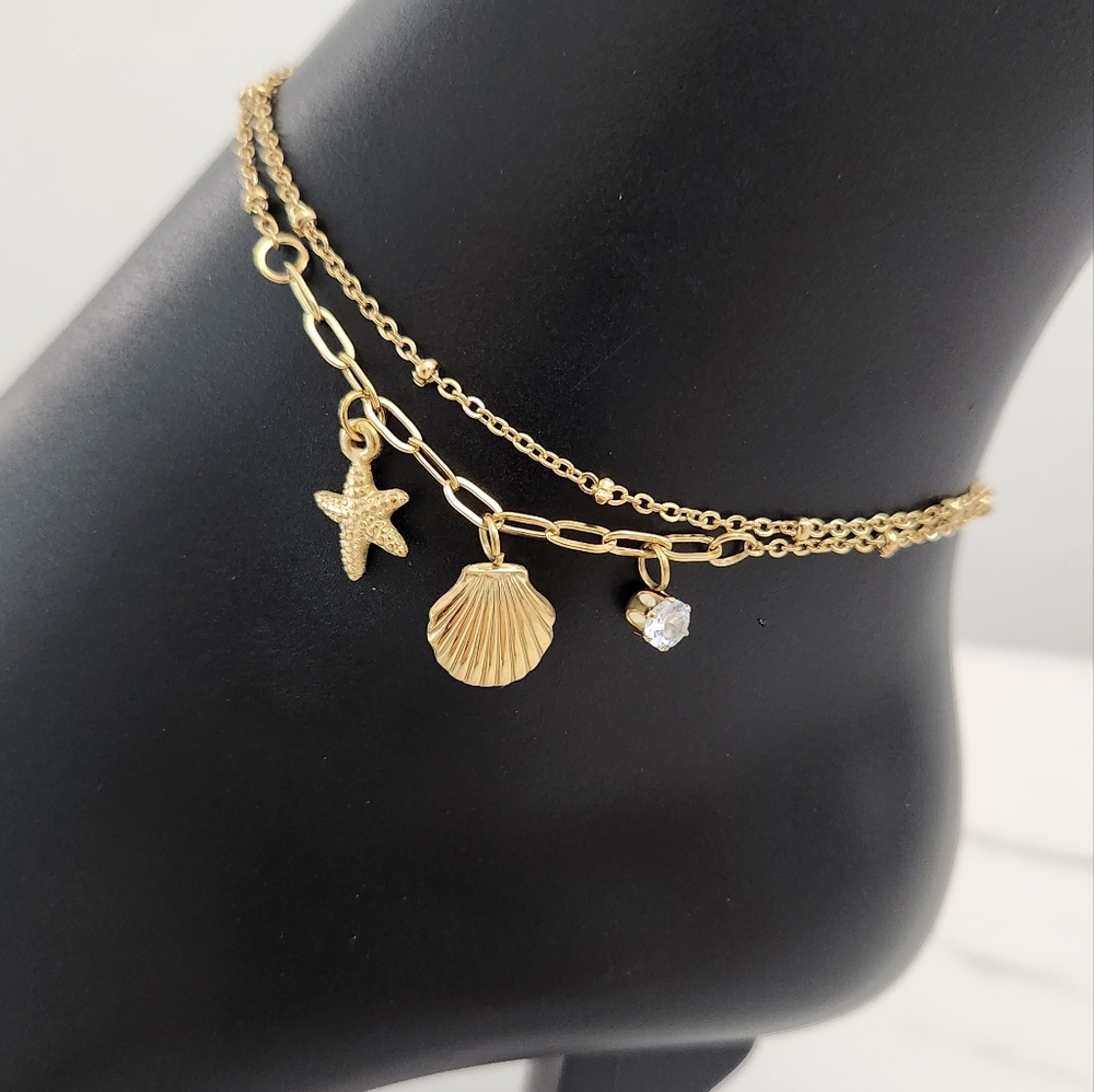 Gold Beach Starfish, Shell & Crystal Accent Charm Anklet Bracelet - Picture 4 of 10